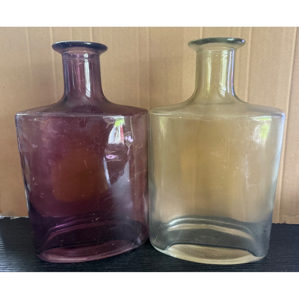 Set of 2 Decorative Glass Bottles Purple and Clear Oval Bud Vases 8.5 Inch